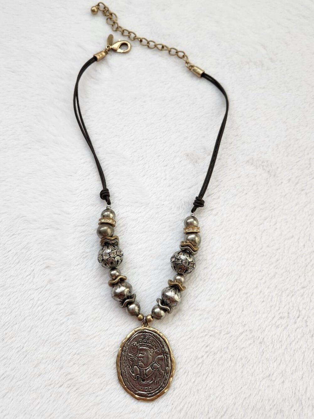 Chico's Brown Leather and Two Toned Metal Chunky Reversable Necklace